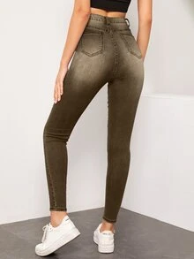 SHEIN Essnce 女款休閒百搭日常旅行牛仔長褲，附口袋與鈕扣設計 - 咖啡棕 - 查看 2