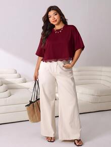 Solflare Burgundy Lace Patchwork Casual Plus Size Women's T-Shirt - Burgundy - View 6
