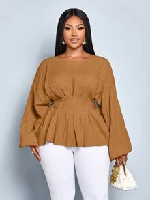 SOLERSUN Women's Plus Size Fashion Solid Color Loose Casual Outing Deep Pleated Bat Sleeve Long Sleeved Shirt Loose Casual Shirt Tops,Crop Tie Back Blouse Women's Solid Color Round Neck Belted Long Sleeve Blouse Autumn/Winter Women Clothes - Khaki - View 1
