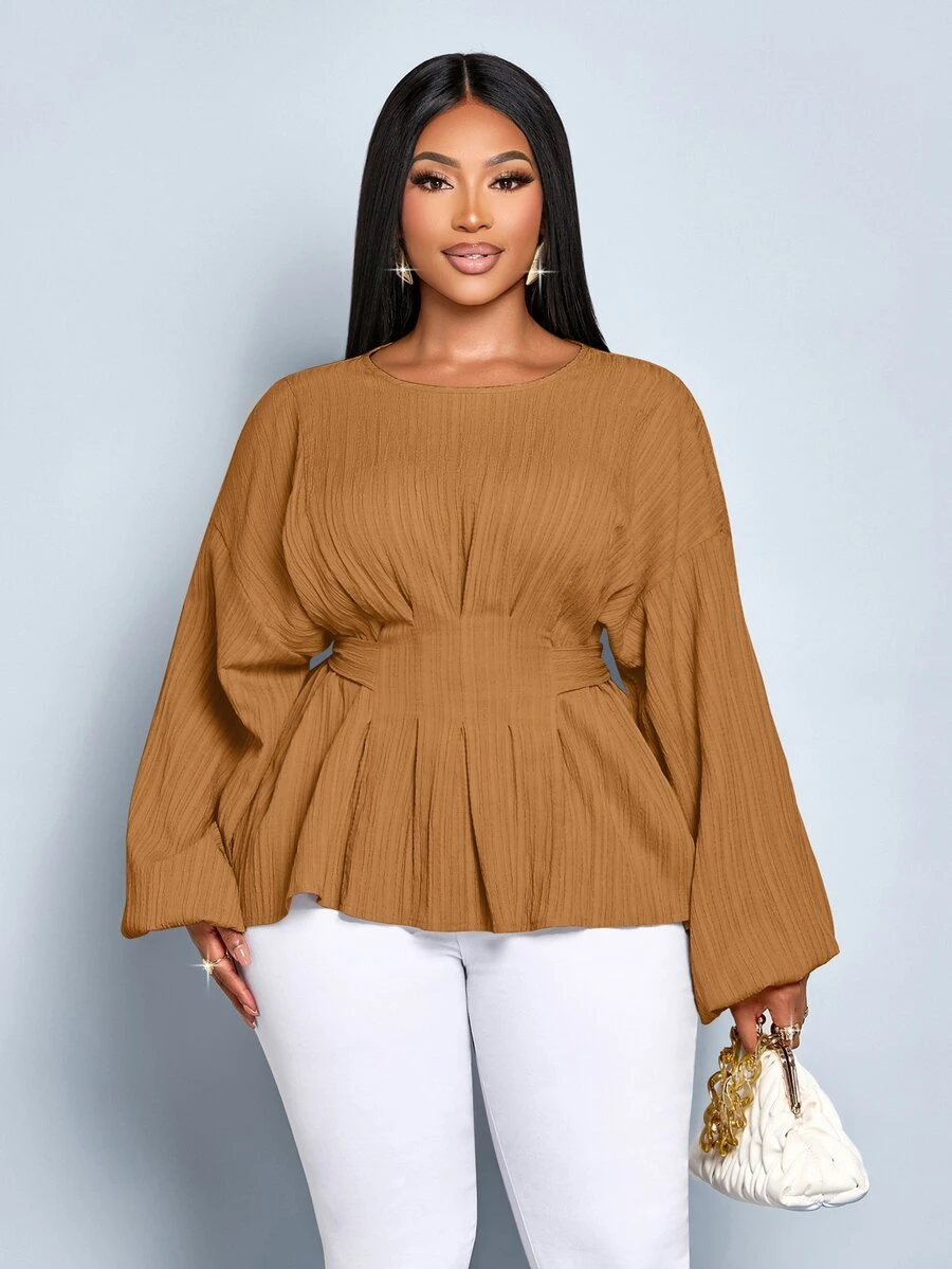 SOLERSUN Women's Plus Size Fashion Solid Color Loose Casual Outing Deep Pleated Bat Sleeve Long Sleeved Shirt Loose Casual Shirt Tops,Crop Tie Back Blouse Women's Solid Color Round Neck Belted Long Sleeve Blouse Autumn/Winter Women Clothes - Khaki - View 1