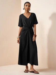 Zivah Spring/Summer New Casual Vacation Solid Color Knot Dress - Black - View 7