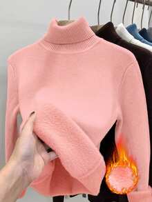 Franclia High Neck Thermal Lined Thickened Autumn/Winter New Slim Fit One-Piece Thermal Inner Layer Long Sleeve Sweater - Watermelon Pink - View 1