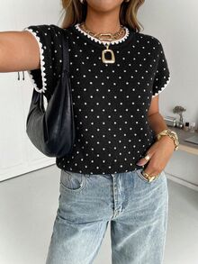Siren Gaze Women's Vintage Shell Embroidery Polka Dot Knit Top - Black - View 4