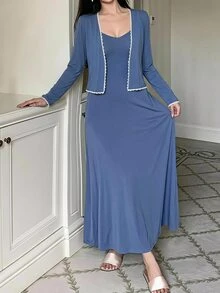 DAZY 2pcs/Set Women's Lace Patchwork Solid Color Long Sleeve Cardigan & Sleeveless Spaghetti Strap Long Dress Pajama Set Fall - Blue - View 4