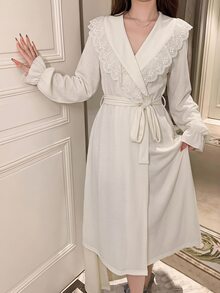 DAZY Women's Lace Patchwork Lapel Tie-Front Long Cardigan Robe Fall - White - View 4