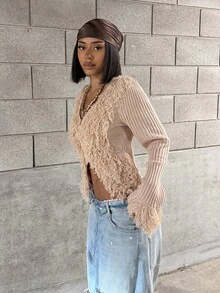StreetHx Women's Autumn Fashion Tassel Patchwork Cardigan - Dusty Pink - View 4