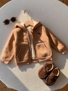 SHEIN 中性嬰兒男孩/女孩、幼兒秋冬超厚抓絨內裡連帽夾克，嬰兒加厚外套，冬季外套，絎縫外套，抓絨，加厚 - 棕色 - 查看 6