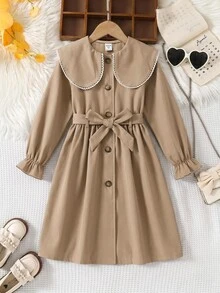 SHEIN Young Girl French Style Loose Double-Breasted Lapel Long Trench Coat, Casual Military Style, Suitable For Commuting And Outdoor Wear, All-Season; Perfect For Creating Y2K Style, Suitable For Daily And Personalized Looks - Khaki - View 7