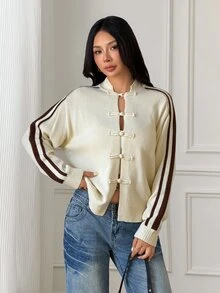 SHEIN PETITE New Chinese Style Frog Button Cardigan Jacket, Chinese Stand Collar Long Sleeve Knit Sweater - Apricot - View 6