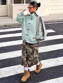 Muchica Women's Striped Contrast Color Frog Button Suede Knit Lightweight Jacket - Mint Green - View 5