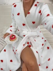 Napfluff Women's Heart Print Soft Plush Comfortable Long Sleeve Robe - Red - View 7