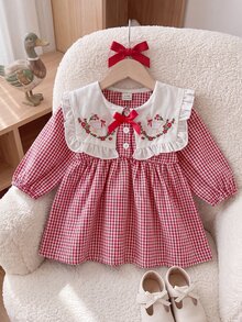 SHEIN Playful Pals 女嬰春/秋季新款可愛長袖公主洋裝，嬰兒幼兒時尚森系風格 - 紅色 - 查看 3