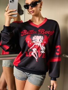Betty Boop x SHEIN Sudadera de manga larga casual de uso diario con estampado de letras y dibujos animados para mujer - Negro - Ver 4