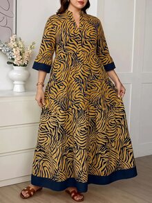 Comfylo 大尺碼女款缺口V領滿版印花休閒派對洋裝 - 彩色 - 查看 9