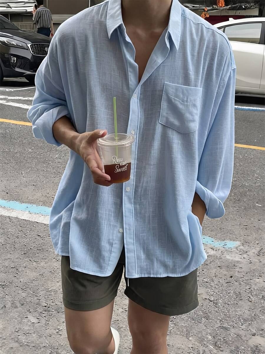 Neovey 男士純色長袖單排扣口袋休閒襯衫 - 藍色 - 查看 1