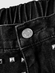 ROMWE Grunge Punk Punk Street Style Plus Size Women's Denim Shorts With Rivet Decor, Distressed Ripped Wide Leg 7-Point Pants, Rock Outfit - Black - View 3