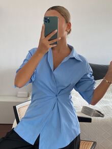 DAZY Blus Kasual Wanita Lengan Panjang Kerah Asimetris Pas Badan Warna Polos untuk Liburan Musim Semi/Gugur - Biru - View 6