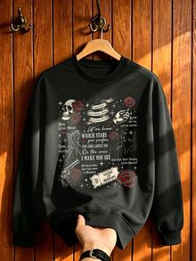 Manfinity Dauomo Plus Size Dark Graphic Goth Streetwear Crew Neck Sweatshirt Cat Mouse Duet Slogan Autumn Casual Pullover Couple Style Halloween Black And Red Holiday Rave - Multicolor - View 5