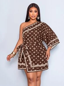 SOLERSUN Plus Size Fashion Commuter All-Over Print Asymmetrical Collar Dress Fall - Brown - View 6