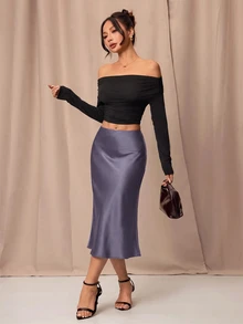 SHEIN PETITE 黑色高腰純色緞面質感裙，適合舞蹈與日常穿著 - 灰色 - 查看 6
