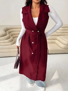 SHEIN EZwear 酒紅色休閒女款大尺碼雙排扣風衣外套 - 酒紅色 - 查看 6