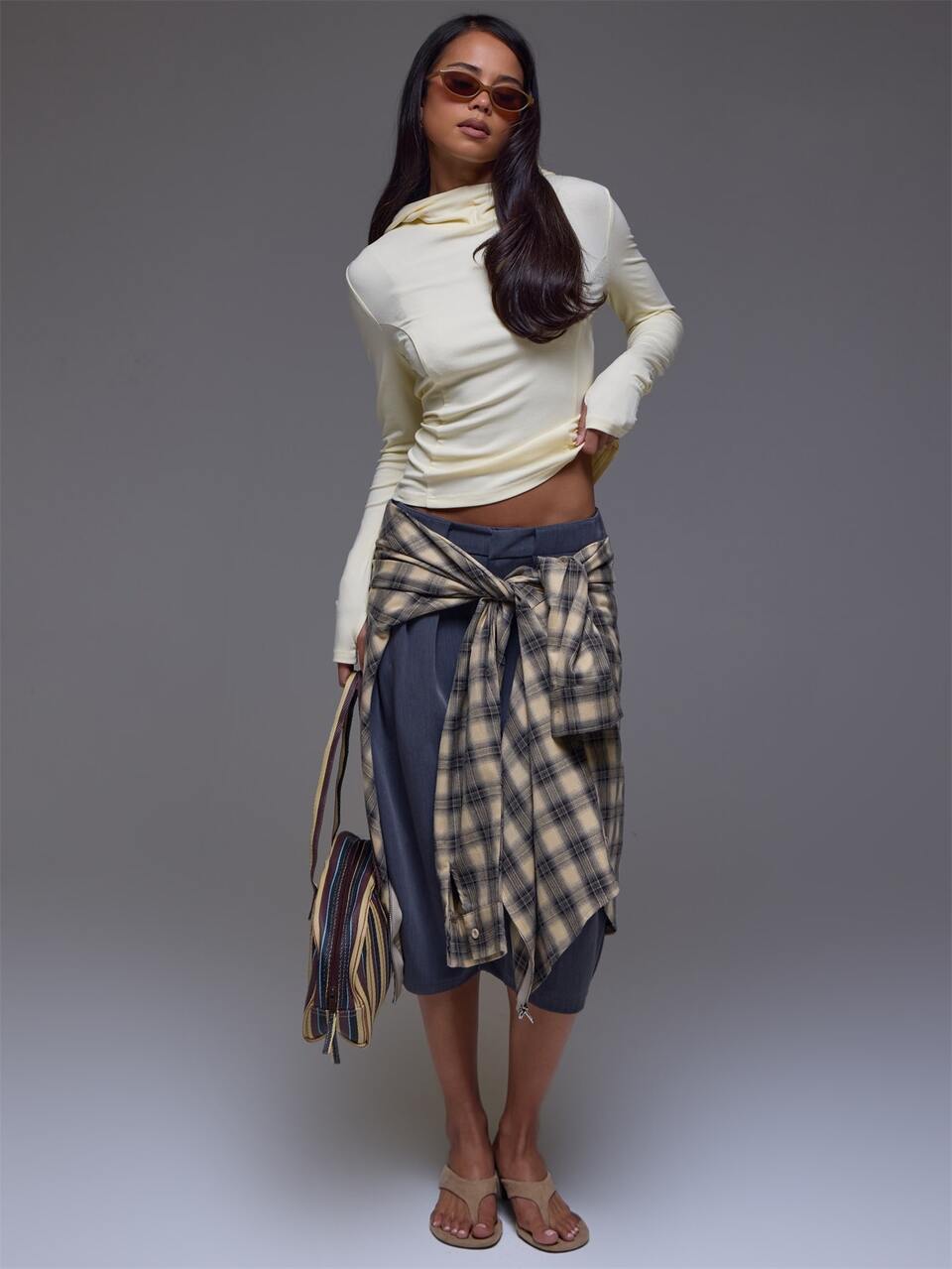 Yellow High Front Neck Hooded Long Sleeve Top