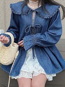 FRIFUL Women's Korean Style Fashion Tie-Up Bell Sleeve Denim Top Fall - Medium Wash - View 7