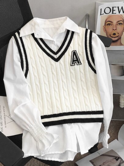 SHEIN Tween Girls Autumn/Winter Casual French Academy Style White Contrast Striped Textured Jacquard Pullover Sweater Vest, Suitable For Pairing With White Shirt, Perfect For Back To School And Daily Wear