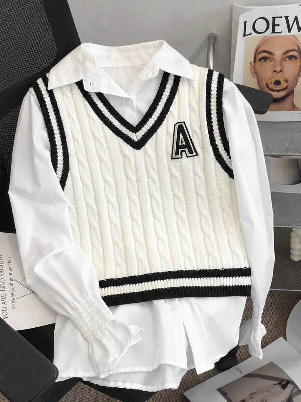 SHEIN Tween Girls Autumn/Winter Casual French Academy Style White Contrast Striped Textured Jacquard Pullover Sweater Vest, Suitable For Pairing With White Shirt, Perfect For Back To School And Daily Wear