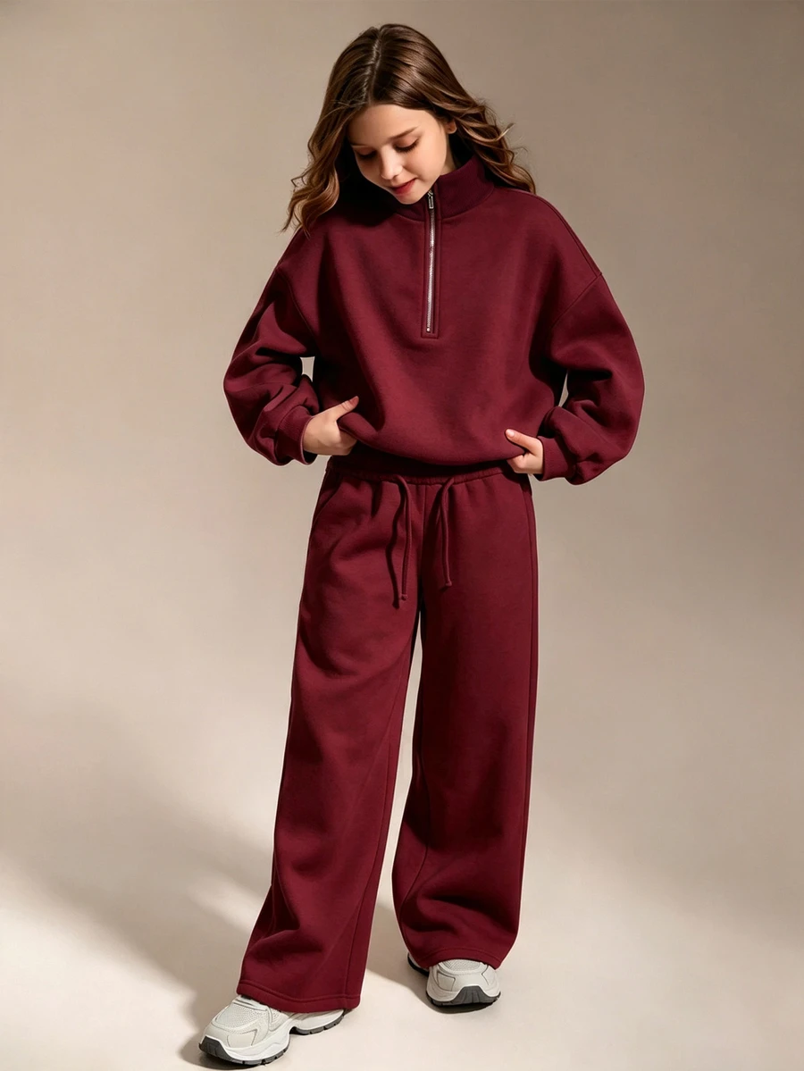 SHEIN 青少年女孩秋季套裝 半拉鍊寬鬆版型運動衫與運動長褲套裝,大尺寸風格,返校季,秋冬舒適 - 酒紅色 - 查看 1
