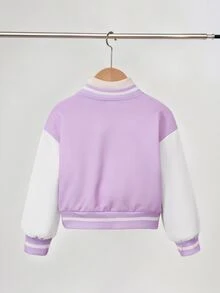 SHEIN Elladie kids Girls' Spring/Autumn Pink & White Colorblock Baseball Jacket, Cartoon Girl Star & Letter Print, Ribbed Stand Collar, Single-Breasted, Short Length, Lo - Purple - View 3