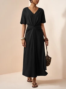 Zivah Spring/Summer New Casual Vacation Solid Color Knot Dress - Black - View 9