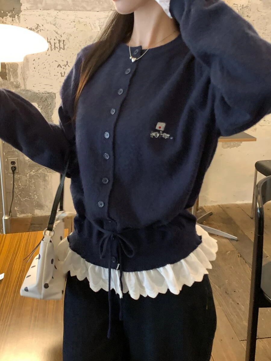 DAZY Women's Single-Breasted Casual Versatile Daily Long Sleeve Sweater Fall - Navy Blue - View 1