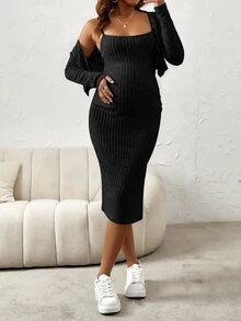 SHEIN 孕婦純色開衩設計細肩帶洋裝與長袖開襟衫休閒兩件套 - 黑色 - 查看 5