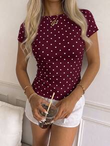 CovetEZ Casual Minimalist Sexy Cold Shoulder Burgundy Polka Dot Short Sleeve T-Shirt, Suitable For Spring And Summer, Spring And Summer Outfit Matching, Burgundy Polka Dots Make You Look Fairer - Multicolor - View 3
