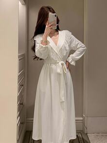 DAZY Women's Lace Patchwork Lapel Tie-Front Long Cardigan Robe Fall - White - View 1