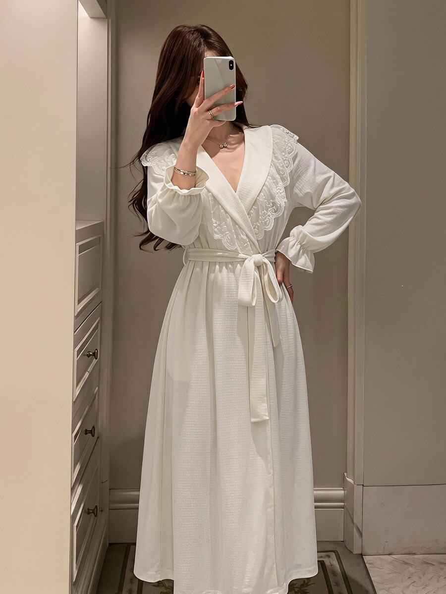 DAZY Women's Lace Patchwork Lapel Tie-Front Long Cardigan Robe Fall - White - View 1