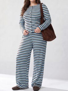 Solavibe Plus Size White Stripe Knit Set, High Waist Wide Leg Pants For Autumn Travel Date Formal Office Vacation, Matching Two Pieces Set, Casual Tropical - Yellow - View 6