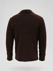 TONEVAULT Men's Cable Knit Polo Collar Long Sleeve Casual Sweater - Brown - View 8