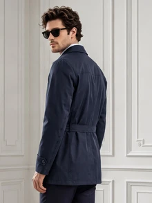Core Aspect Mantel Trench Pria Berkancing Ganda Warna Biru Tua Musim Gugur yang Elegan dan Bergaya, Jaket Longgar Warna Polos Panjang Sedang - Navy Blue - View 2