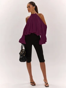 SHEIN BAE 女款純色露肩休閒百搭日常穿著襯衫 - 中紫紅色 - 查看 6