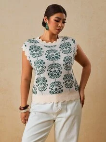 Travachic Atasan Rajut Wanita Ukuran Besar Motif Bunga Kasual Tradisional Serbaguna untuk Pakaian Sehari-hari Musim Panas Formal Liburan Warna Krem - MultiWarna - View 1
