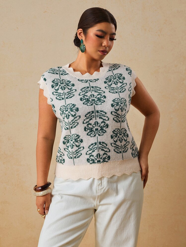 Travachic Atasan Rajut Wanita Ukuran Besar Motif Bunga Kasual Tradisional Serbaguna untuk Pakaian Sehari-hari Musim Panas Formal Liburan Warna Krem - MultiWarna - View 1
