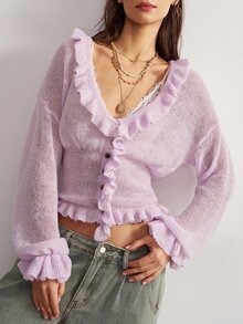 Bohemela 女款優雅純色荷葉邊開襟羊毛衫 - 淡紫色 - 查看 5