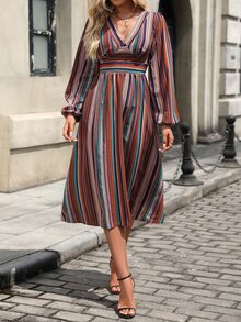 EMERY ROSE Autumn/Winter Women's Colorblock Brown And Teal Stripe V-Neck Midi Dress Lantern Long Sleeves High Waist Ruched A-Line Slimming Vintage Elegant Brunch - Multicolor - View 3