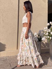 Cévolie Women's Elegant Elegant Early Autumn Vacation Print Ruffle Hem Skirt - Multicolor - View 5