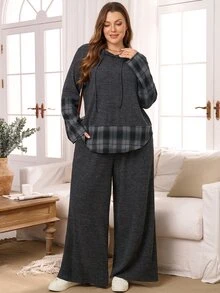 EMERY ROSE طقم نسائي مقاس كبير بتصميم مربعات وألوان متباينة، ملابس علوية بقلنسوة وبنطال، كاجوال للاستخدام اليومي - رمادي غامق - مشاهدة 2