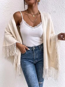 SHEIN Elenzya Jubah Syal Rajut Rumbai Putih Depan Terbuka untuk Wanita, Kardigan untuk Liburan Musim Gugur Gaya Boho - Aprikot - View 3