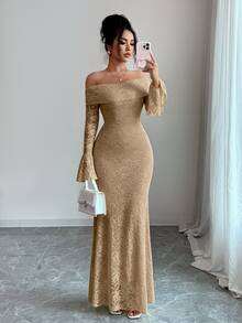 Rafferiza 女款優雅時尚年輕簡約百搭修身露肩大翻領喇叭袖魚尾中長洋裝，秋季 - 卡其色 - 查看 5