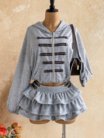 Soleia Women's Autumn/Winter Casual Vacation Napoleon Style Grey Loose Hooded Sweatshirt Jacket Top, Casual, Date, Afternoon Tea, Beach, Cruise Vacation, Road Trip, City Vacation, Music Festival Outfit, Party, Music Festival, Hippie, Western, Daily Commute